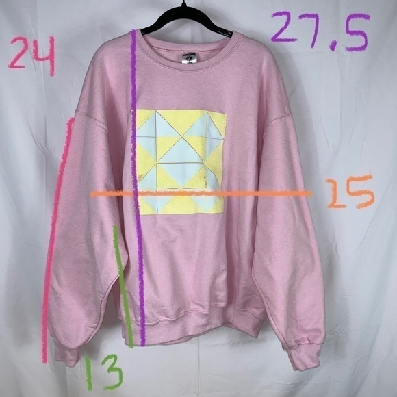 90s Sweatshirt DIY Paint Geometric Square Triangle Fleece Pullover Crewneck Top - Picture 4 of 7